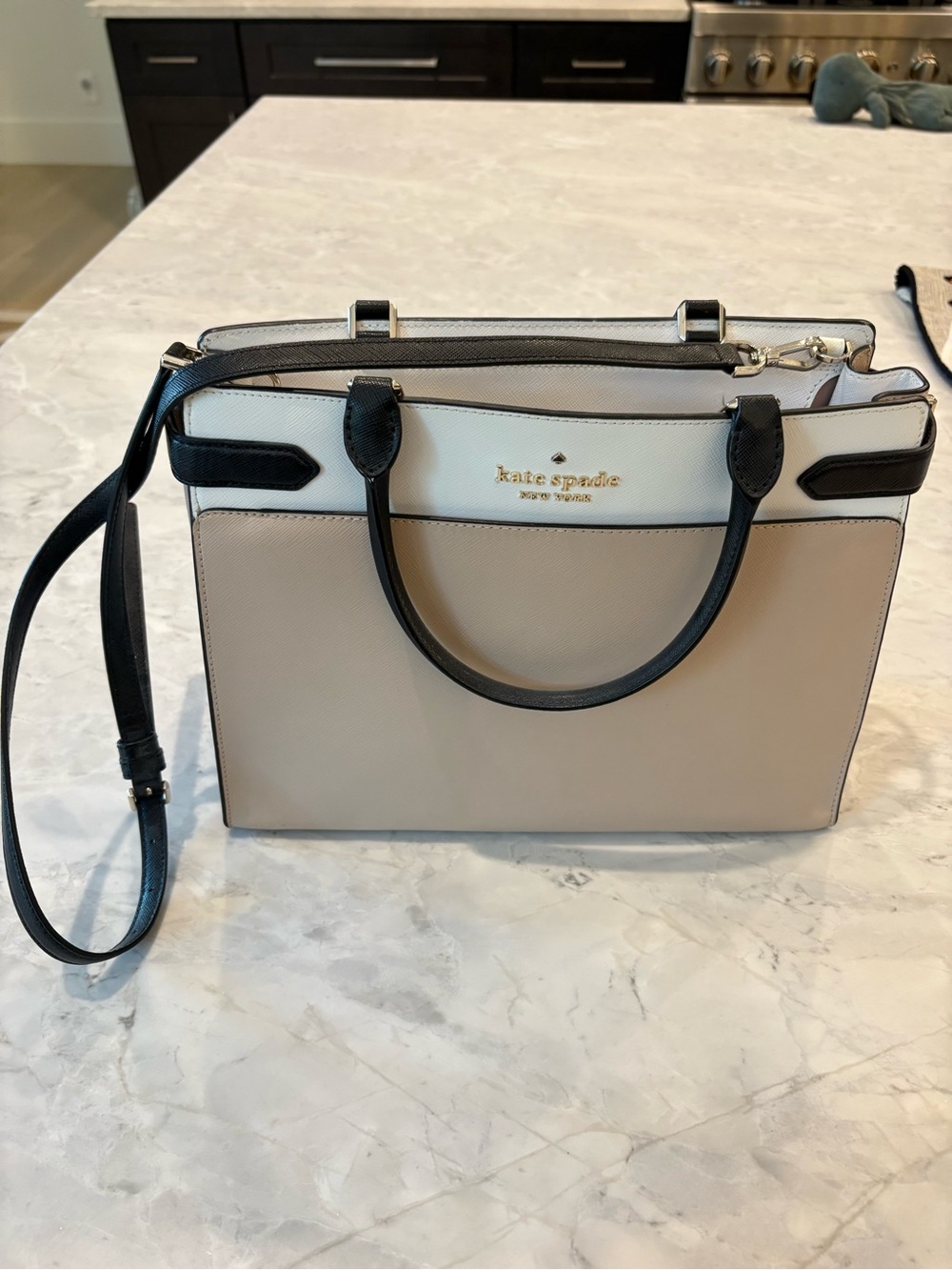 kate spade Two-Tone Beige and Black Satchel with White Accent